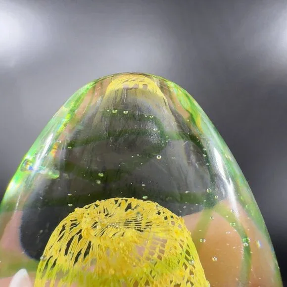 Art Glass Paperweight With Yellow Green Swirls All Over Egg Shaped Paperweight - Picture 4 of 16